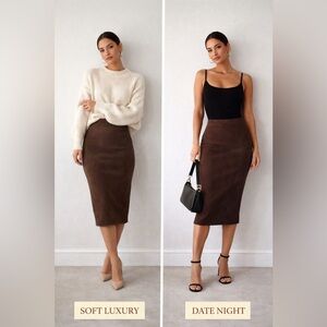 Philosophy XS Brown Faux Suede Pencil Skirt | Soft Luxury Midi |Capsule Wardrobe